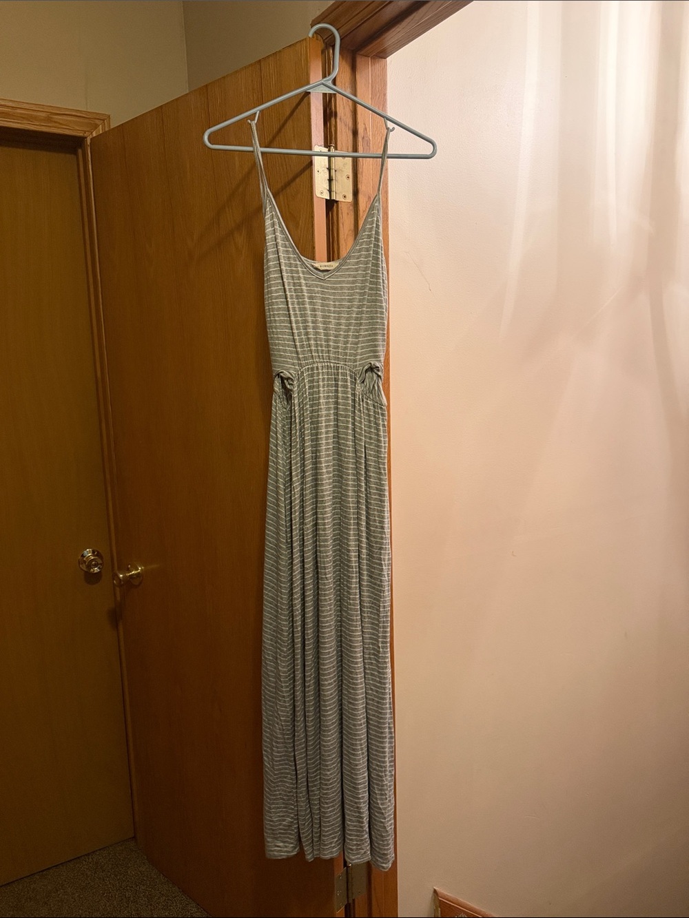Promesa Grey and White Striped Spaghetti‑Strap Maxi Dress